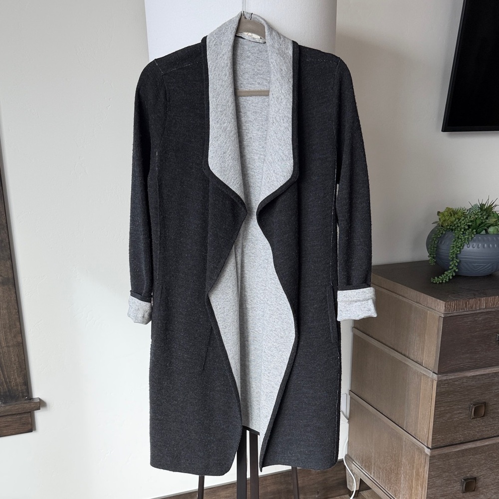 Eileen fisher long cascade open front double knit grey sweater - size XS